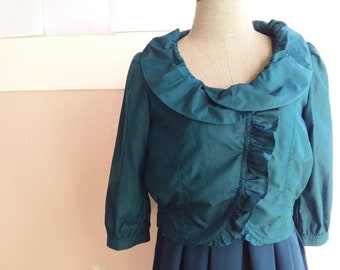 S - M - 90s Ruffle Cropped Jacket - Teal Green Crop Top - Korean Size 55 - Small or Medium