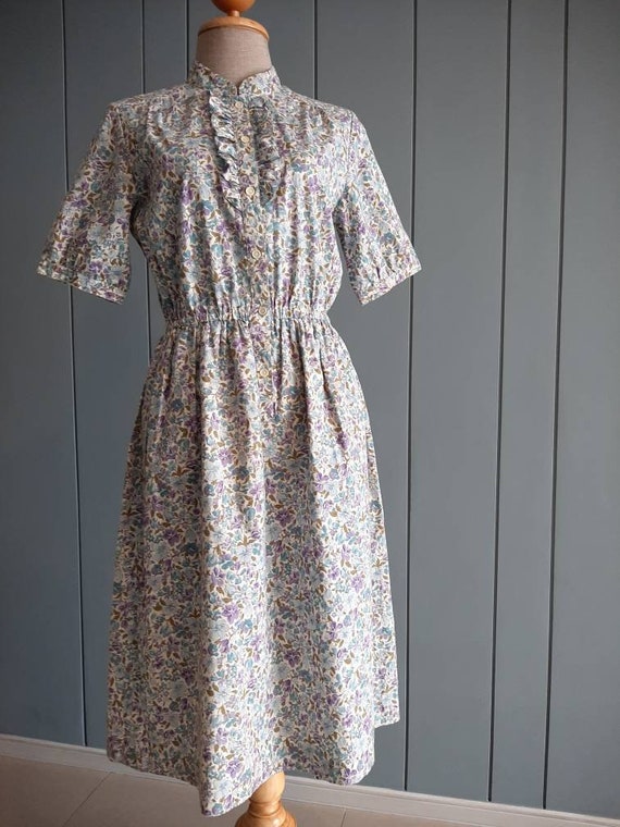 S- M - 70s Pure Cotton Shirtdress - Floral Ruffle… - image 8