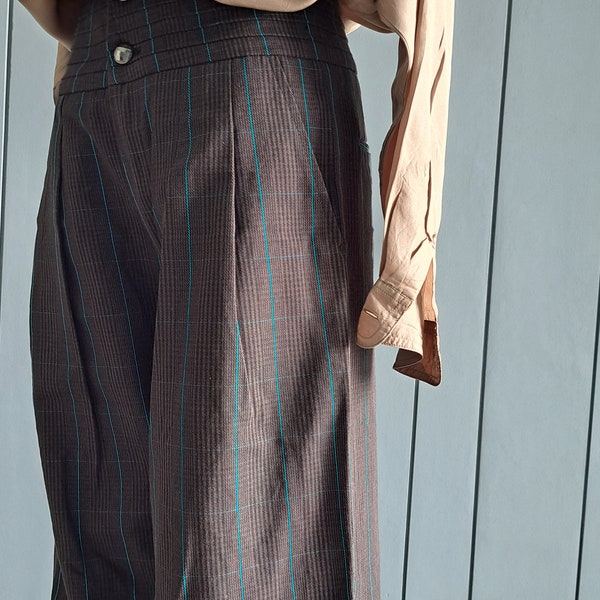 M - 80s Wide Leg Straight Leg Pants - Blue Turquoise Striped on Houndstooth Pants - 28" inch High Waist Office Pants - Semi Formal pants