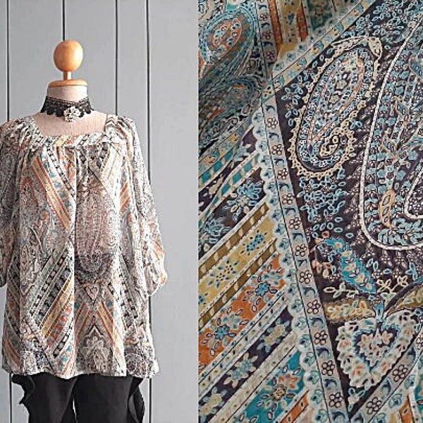 M - L - Vintage Boho Paisley Chiffon Blouse  Summer Blouse - Navy Blue Orange Tunic Top