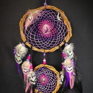 Handmade wooden dreamcatcher with feathers, amethyst and labradorite &quot;La vie en rose&quot;