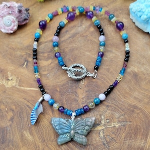 Ethnic labradorite butterfly and jay feather necklace