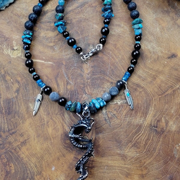 Collier ethnique homme avec dragon et turquoise