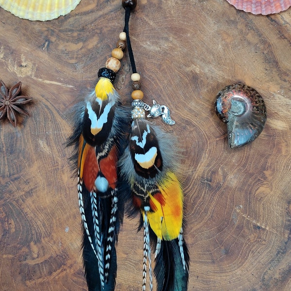 Bijou de cheveux plumes naturelles faisan et totem renard "