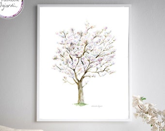 White magnolia tree art, magnolia watercolor painting, tree wall art, fine art print of blooming magnolia, white decor, tree illustration