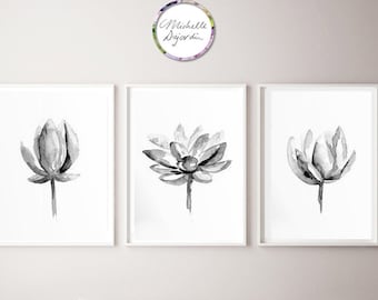 Lotus Art, black and white Zen paintings, Lotus flower watercolor, grey wall art, yoga paintings, meditation room art, Buddhism art