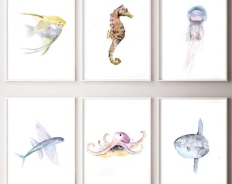 Set of 6 sea animal prints, warm grey beach house art, octopus print, seahorse painting, sunfish art, angelfish illustration, flying fish