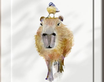 Capybara Watercolor Print, Funny Animal Wall Art