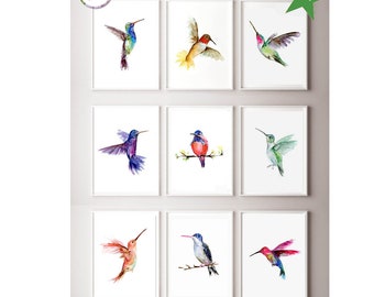 Hummingbird art, Gallery wall, set of 9 Fine Art prints, hummingbird watercolor paintings, bird decor, bird art, colorfull wall art,