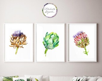 Artichoke Watercolor Painting -  set of 3 prints - artichoke Art - food Art kitchen art Print - Artichoke poster - illustration artichoke