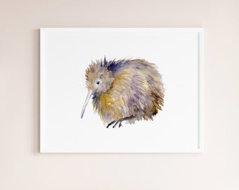 Kiwi Kunstdruck Neuseeland Vogel Aquarellmalerei Kiwi Fine Art Print Baby Kiwi Kinderzimmer Wanddekoration Lavendel braun Innendekoration