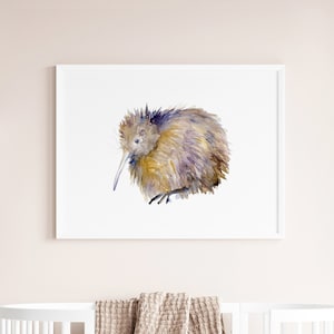 Kiwi vogel print Nieuw Zeeland kunst kiwi illustratie vogel aquarel schilderij kinderkamer kiwi Michelle Dujardin lila bruin babykamer kunst