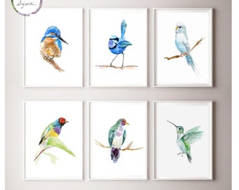 Set van 6 blauw groene vogel prints, vogel Aquarel schilderijen, ijsvogel, kolibrie, fruitduif, parkiet, prachtelfje, gouldamadine, vogels