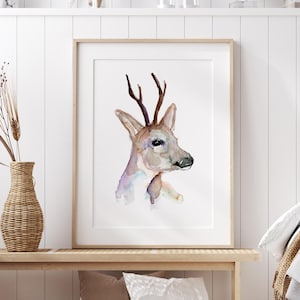 Roe deer Art Print Roebuck Watercolor Painting deer portrait roe Art deer decoration forest animal minimalist painting black ink home decor
