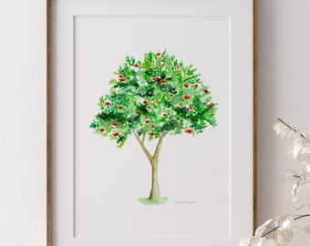 Rowan Tree Watercolor Art Print, Red Berry Tree Wall Decor
