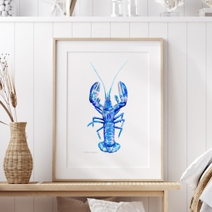 Blue lobster art Lobster painting Fine art print lobster decoration beach house decor blue wall art restaurant print kitchen Lobster gift