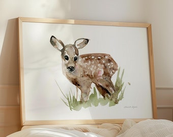 子鹿のオリジナルアートワーク、かわいい動物の油絵、小さな鹿の