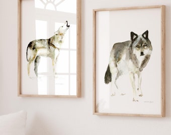 Wolf Watercolor Art Print Set, Wild Animal Home Decor