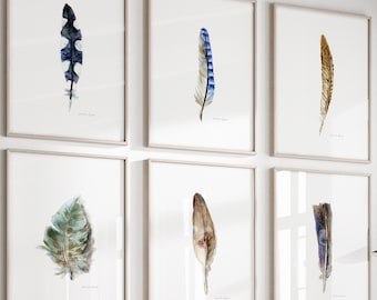 Láminas de plumas, juego de 6, decoración de pared en acuarela marrón y azul