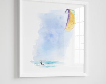 Kite Surfing Art Print, Watercolor Painting, Beach House Decor