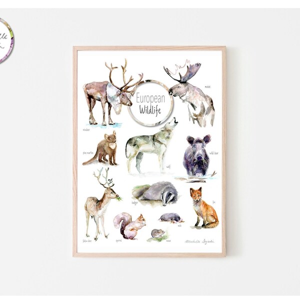 Poster mit europäischen Tieren, wilde Tiere aus Europa, Aquarellillustration, Fuchs, Dachs, Eichhörnchen, Elch, Maus, Maulwurf, Hirsch, Rentier Michelle Dujardin