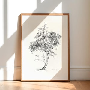 Impresión artística de árbol de abedul, dibujo de árbol, decoración de abedul, dibujo a lápiz blanco y gris, arte de pared, decoración de árbol, póster de abedul, decoración del hogar, dormitorio