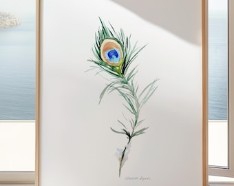 Peacock Feather Watercolor Art Print, Boho Home Decor