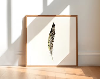 Fazant veer print zwart goud oker geel veer aquarel schilderij Michelle Dujardin veertje kunst fazant decoratie veren zwarte inkt