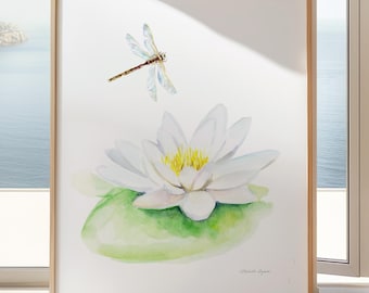 Water Lily and Dragonfly Watercolor Art Print