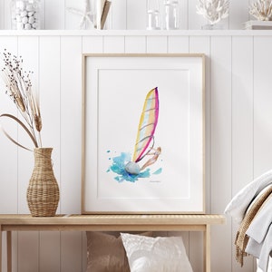 Surf print Surf girl painting Sailboarding wind surfer gift pink blue wall art surf watercolor surf decoration surf board coastal cowgirl