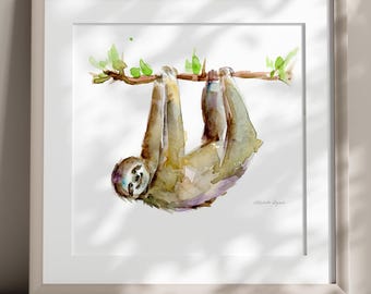 Sloth Watercolor Painting Art Print, Jungle Nursery Wall Art