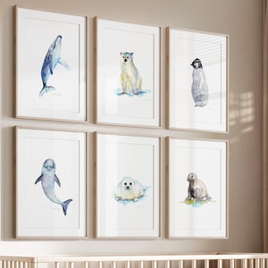 Stampe artistiche di animali marini, set di 6 dipinti, decorazione per la cameretta dei bambini, animali, delfino, cucciolo di tricheco, balena, cucciolo di foca, pinguino, cucciolo di orso polare