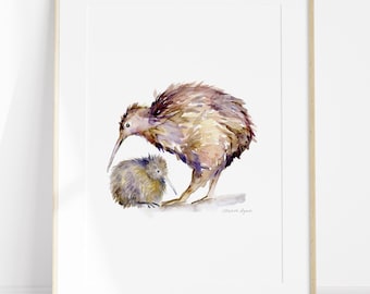 Kiwi Bird Watercolor Art Print, Mother and Baby Animal, New Zealand Nursery