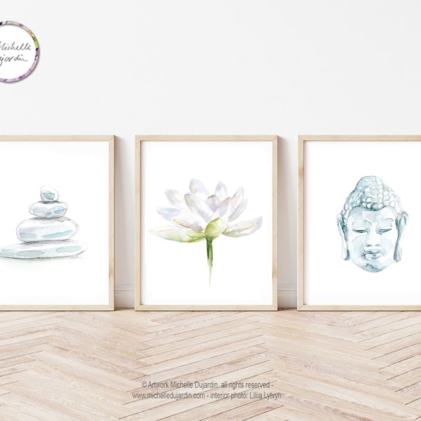 White pebbles, white lotus and Buddha face art prints, white blue wall art, Buddhism prints, Zen stones painting, yoga decor, meditation art