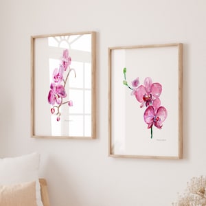 Dark pink Orchid Art Prints Orchids Watercolor Painting set of 2 Prints Fuchsia Pink wall art Orchid decoration Boho interior home decor
