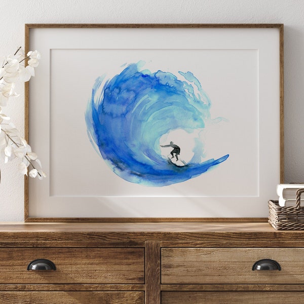 Acuarela de surf: Impresión artística de olas oceánicas, decoración costera