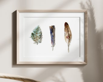 Feather Watercolor Art Print, Boho Wall Decor