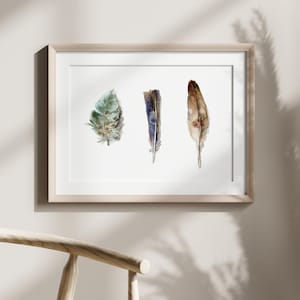 Feather Art Print 3 feathers watercolor painting brown blue green wall art minimalistic Feathers decoration Boho Feather decor wall poster