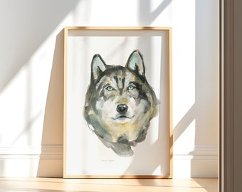 Grey Wolf Watercolor Art Print - Minimalist Animal Portrait