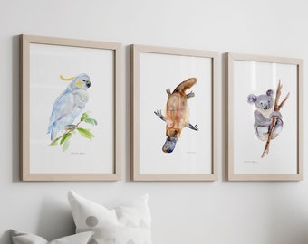 Australian animals art prints set of 3 Koala cockatoo platypus watercolor painting Australia native Art nursery animal decor down under art