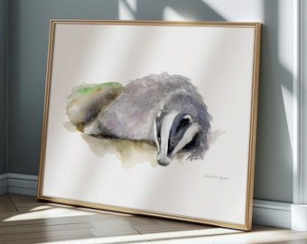 Das aquarel schilderij, giclee print, illustratie van een das uit zijn hol, Nederlandse natuur poster, dassen kunst, Michelle Dujardin print