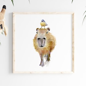 Capibara Kunst aquarel schilderij Capibara met vogel Michelle Dujardin kinderkamer print grappige dieren kunstprint knaagdier Brazilië print