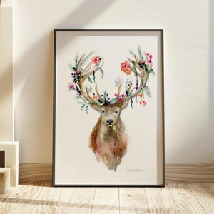 Red deer art Print decorated antlers flowers stag Deer watercolor painting boho decoration deer face brown wall art animal portrait poster