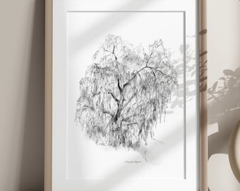 Weeping willow art, willow tree drawing, pencil sketch, Zen drawing willow, fine art print, grey wall art, weeping willow tree illustration