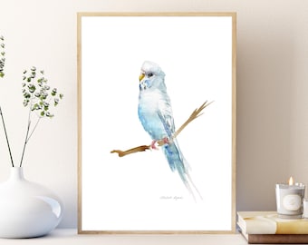 セキセイインコのアートプリント、水色のインコの水彩画 - Etsy 日本