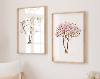 Tree Art Magnolia tree Japanese cherry tree Watercolor paintings set of 2 prints pink blossom white wall art pastel minimalistic paintings
