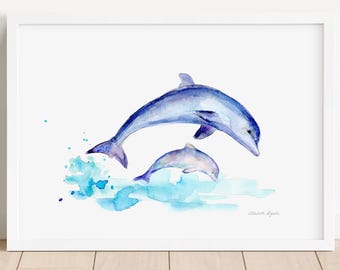 Stampa artistica acquerello di delfini, mamma e bambino, decorazione per cameretta dei bambini blu