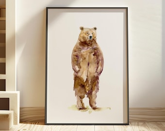 Grizzly Beer aquarel schilderij bruine beer print dier schilderij staande beer rechtop 2 poten kinderkamer beer kunst Michelle Dujardin