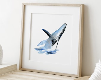 Jumping Humpback Whale Watercolor Art Print, Nautical Wall Decor