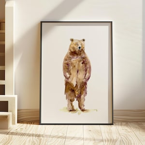 Grizzly bear Art Print Standing bear watercolor painting nursery brown bear two legs grizzly decoration bear stand up home decor grizzly art